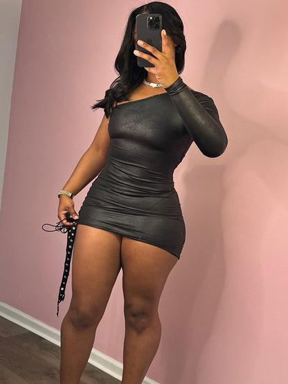 Women Fashion Sexy Solid Color Oblique Collar Lace-Up Dress