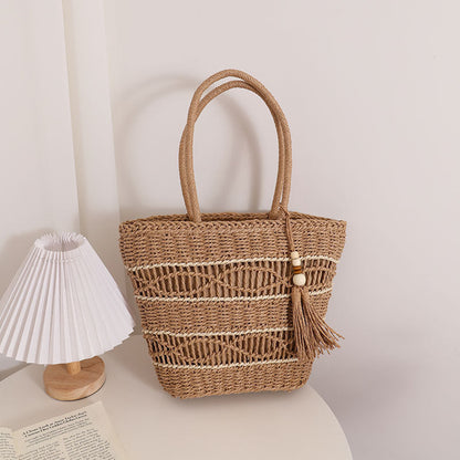 Bohemian Holiday Hollow Straw Woven Tassel Tote Bag