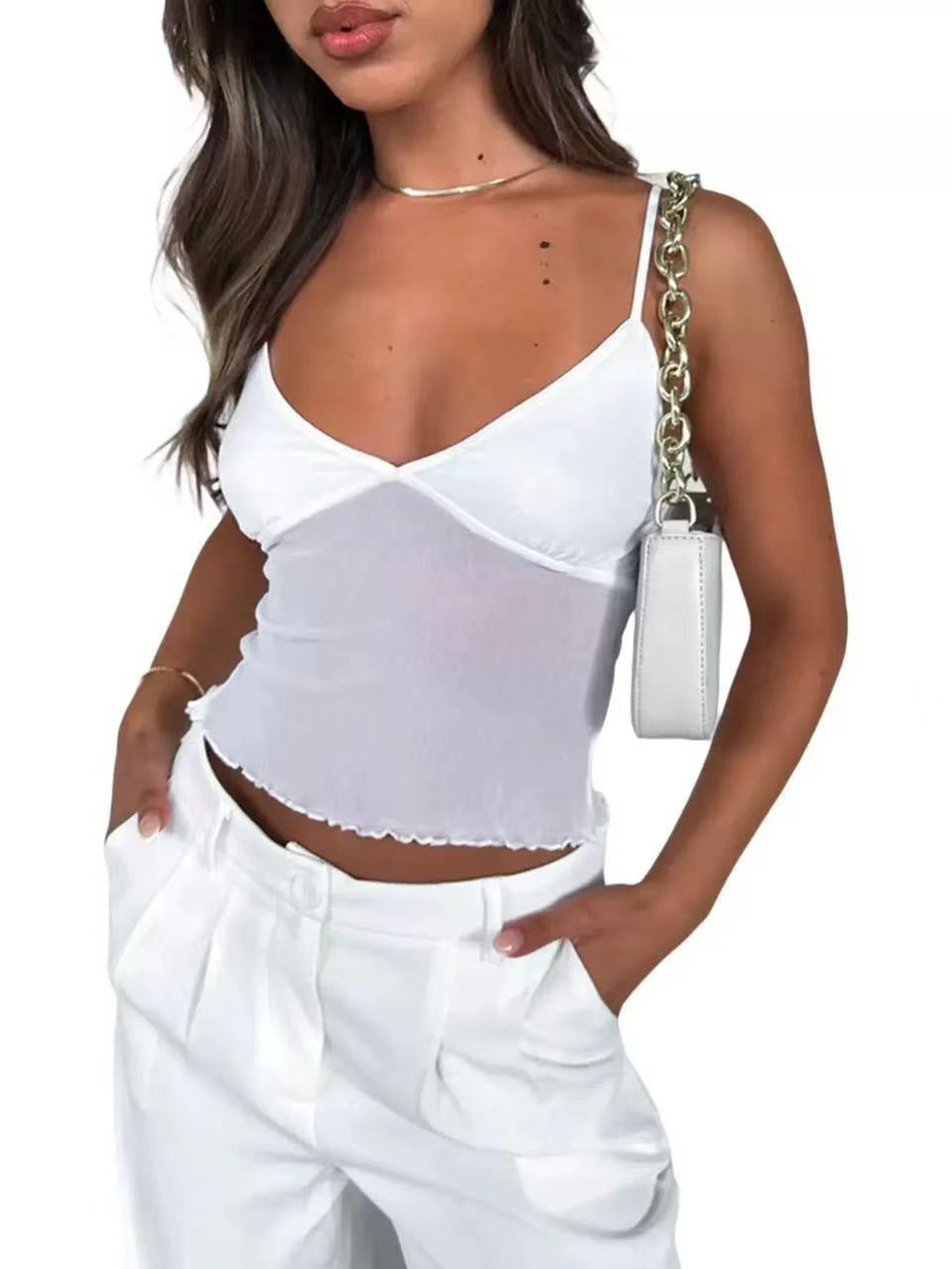 Women Fashion Sexy Mesh Stitching Camisole Crop Top