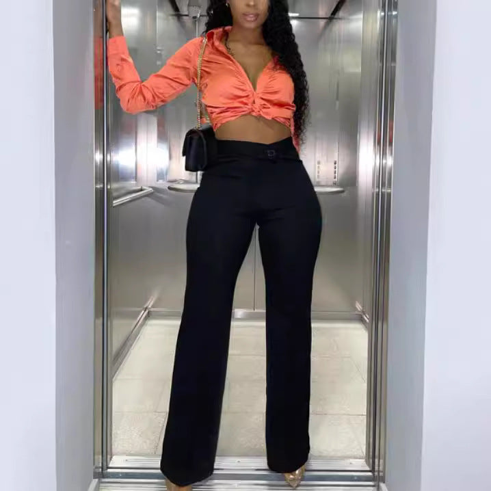 Women Fashion Casual Solid Color Wide Leg Pants