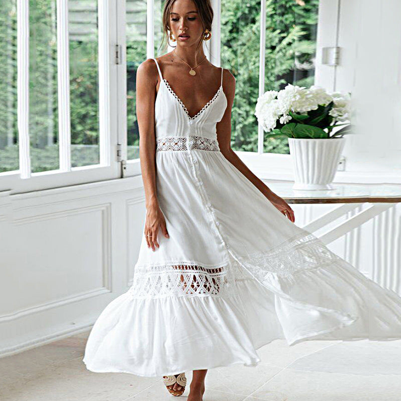 Women's Fashion Boho Solid Color Hollow Slip Dress
