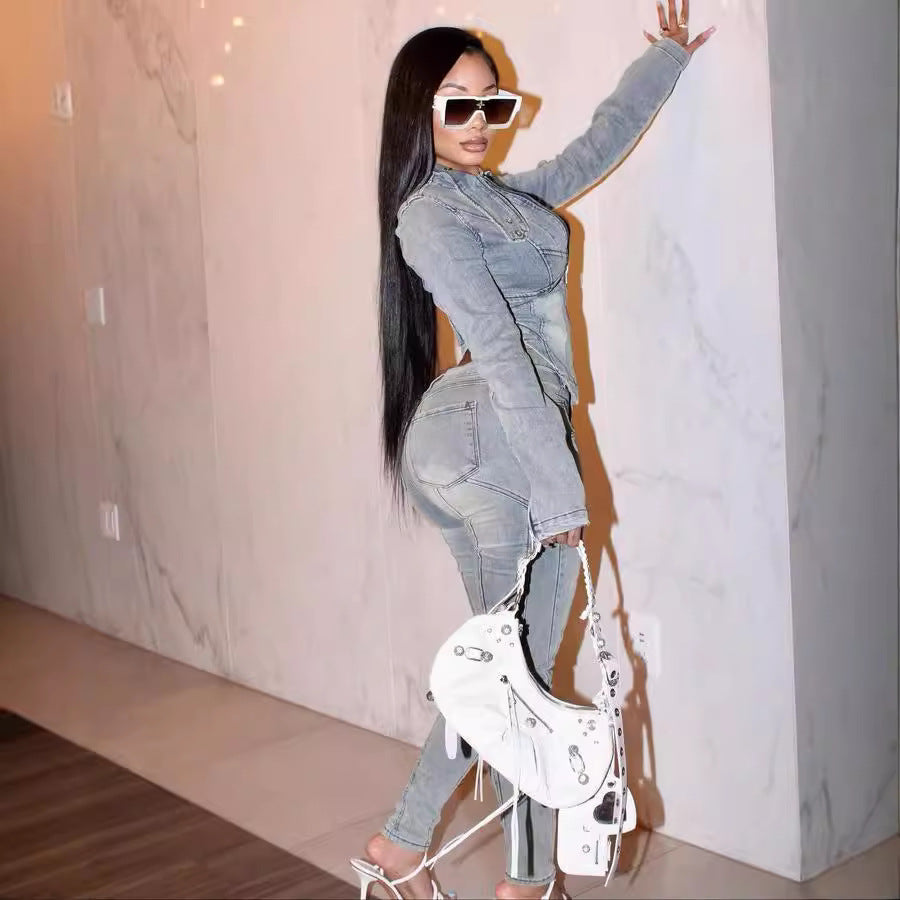 Women Fashion Casual Irregular Zipper Long Sleeve Top Tight Jeans Set
