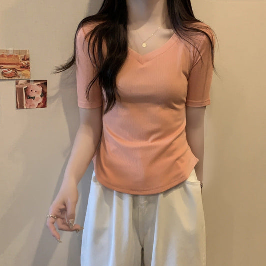 Women Fashion Solid Color V-Neck Blank T-Shirt - Casual Slim Fit