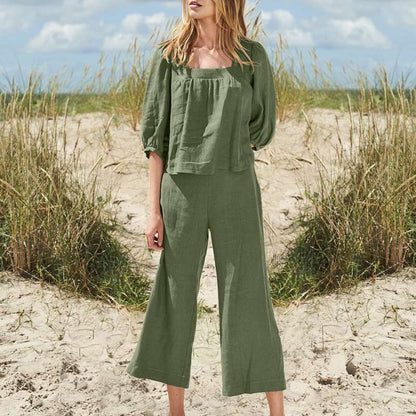 Conjunto de lino y algodón de color liso informal a la moda para mujer