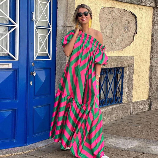Women Casual Off Shoulder Printed Horn Sleeve Dress