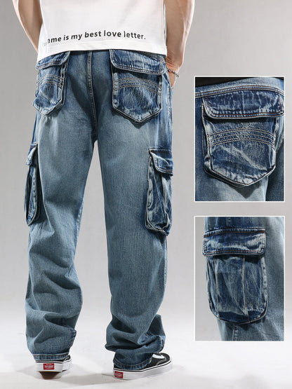 Vaqueros cargo holgados de pierna ancha con múltiples bolsillos a la moda para hombre