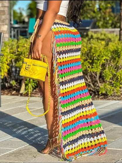 Handmade Crochet Rainbow Stripe Long Tassel Skirt