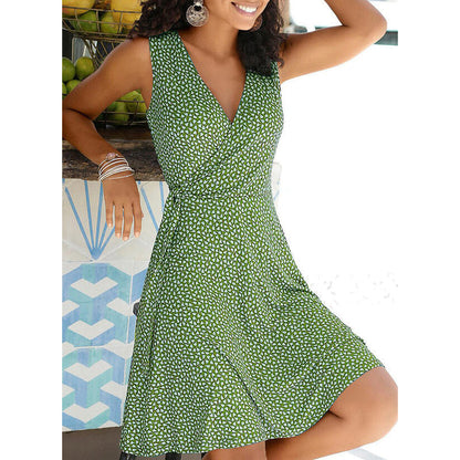 Women Elegant Casual Polka Dot V Neck Sleeveless Bandage Dress