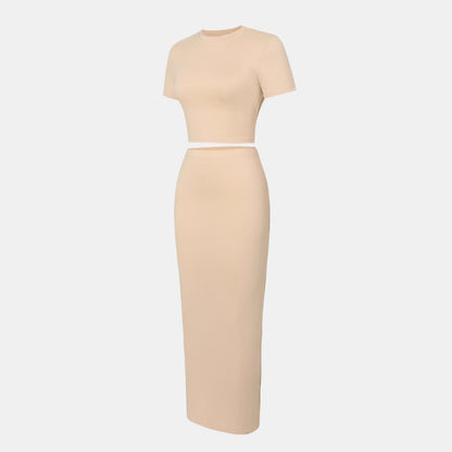 Women Short-Sleeve Solid Color T-Shirt and High Waist Skirt Two-Piece Set