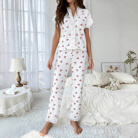 Women Casual Cherry Printed Lace Edge Short Sleeve Top and Pants Set