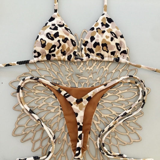 Bikini sexy con cuello halter y estampado de leopardo para mujer