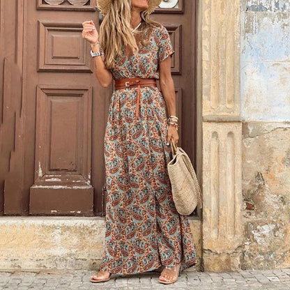 Vestido largo bohemio vintage de verano para mujer, sexy, con escote en V y mangas cortas, con cinturón