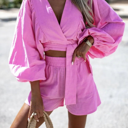 Conjunto holgado informal con cuello en V y cordones para mujer