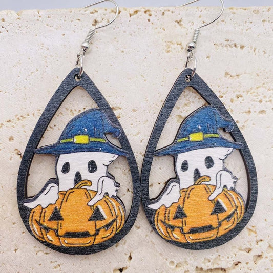 Halloween Women Funny Pumpkin Wizard Wooden Earrings