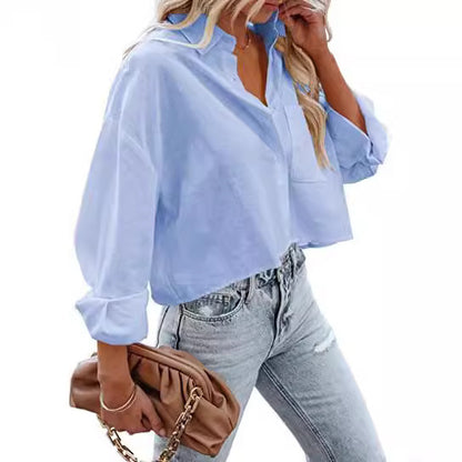 Blusa corta informal de algodón de manga larga de color liso para mujer
