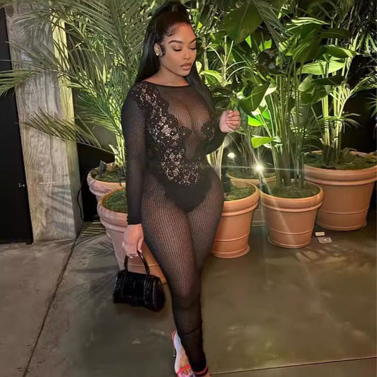 Women Crewneck Slim-Fit Sexy Long Sleeve Lace Mesh Jumpsuits