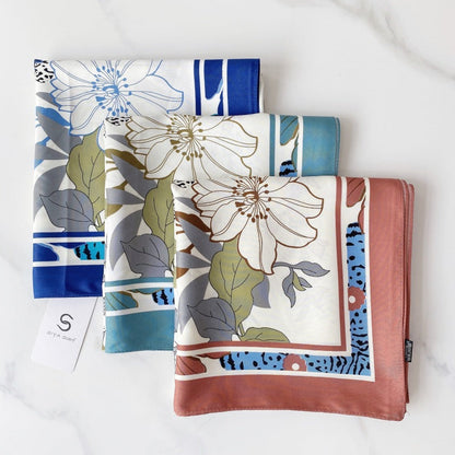 Bufanda de seda con estampado geométrico y floral de verano para mujer