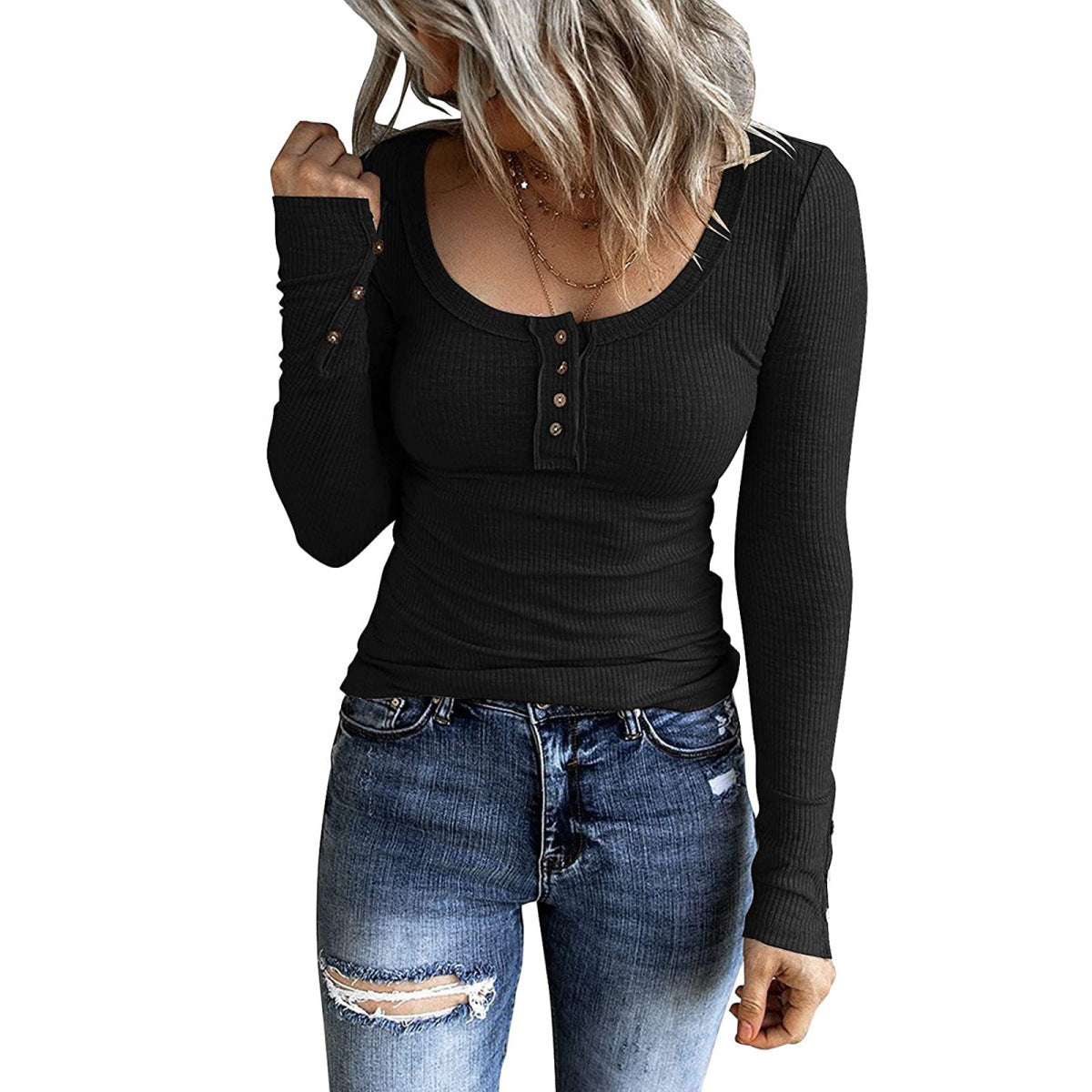 Women Fashion Solid Color Long Sleeve Blank T-Shirt
