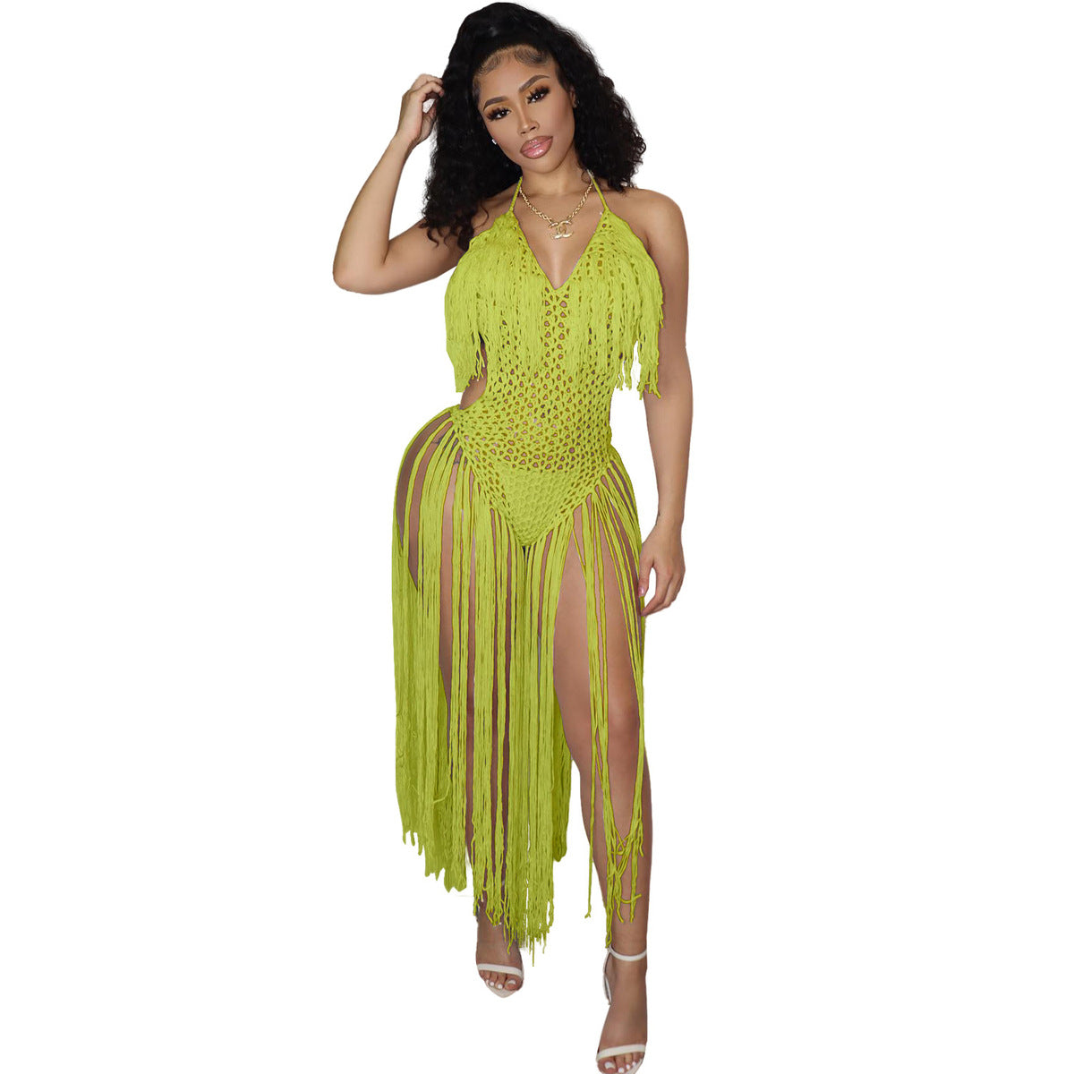 Traje de baño de moda para mujer, sexy, de color sólido, con cuello halter calado y borlas largas