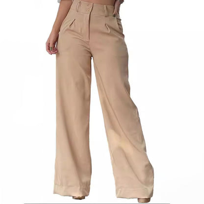 Women Fashion Casual Solid Color High Waist Wide Leg Pants