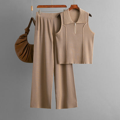 Women Casual Solid Color Sleeveless Zipper Tank Top High Waist Pants Two-Piece Set
