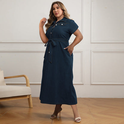 Vestido vaquero informal de talla grande con solapa, manga corta y cordones para mujer