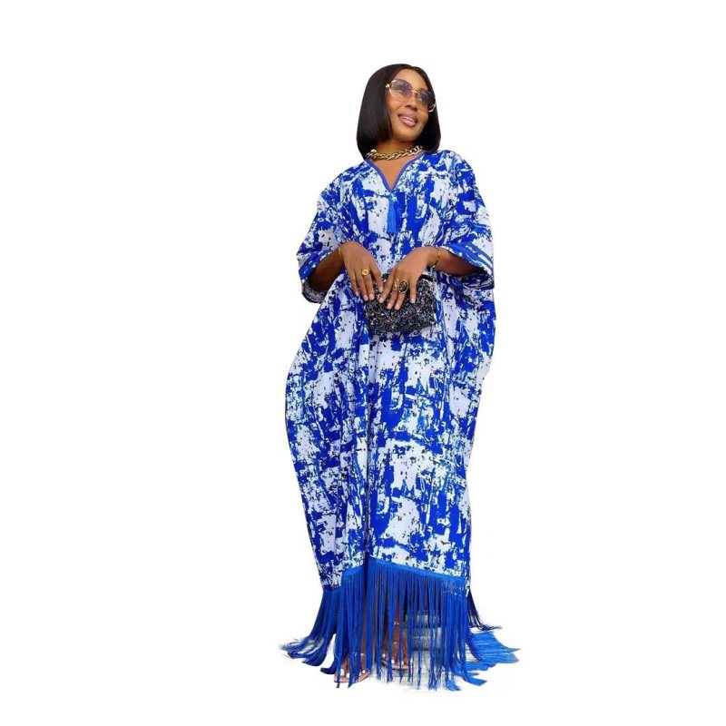 Women Fashion Boho V-Neck Tassel Loose Short Sleeve Maxi Dress