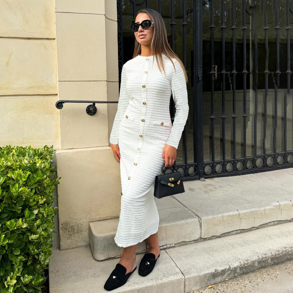 Vestido de punto de manga larga con cuello redondo retro a la moda para mujer