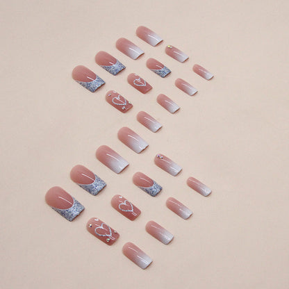 Faux ongles mi-longs carrés et brillants à paillettes, motif cœur blanc dégradé, style French manucure