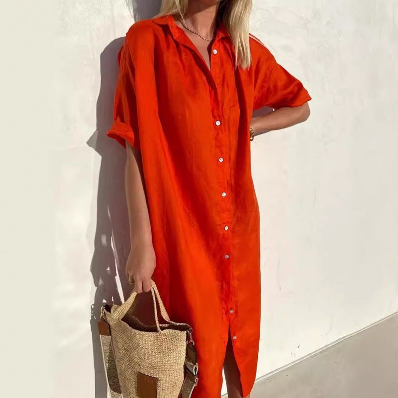 Robe décontractée en coton et lin à manches courtes pour femme avec poche et revers