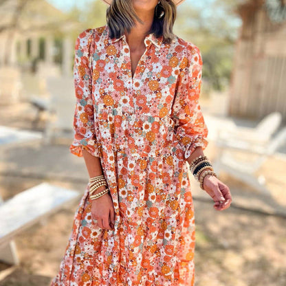 Robe mi-longue décontractée à manches longues et imprimé floral style bohème pour femme