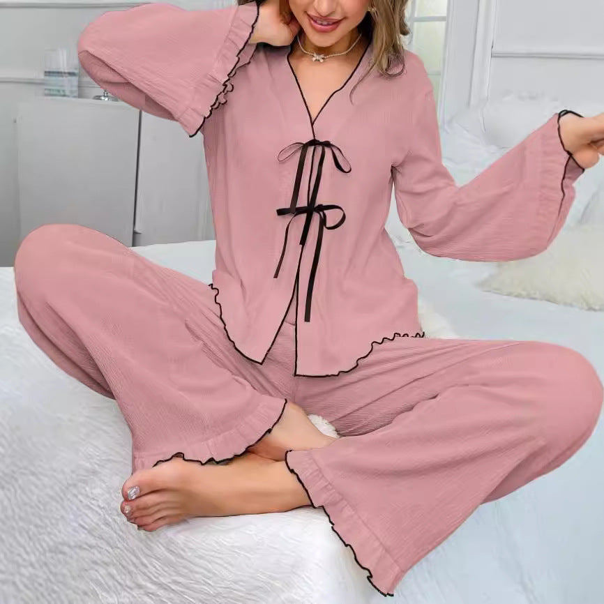 Conjunto de top informal de manga larga con cuello en V y pantalones holgados para mujer