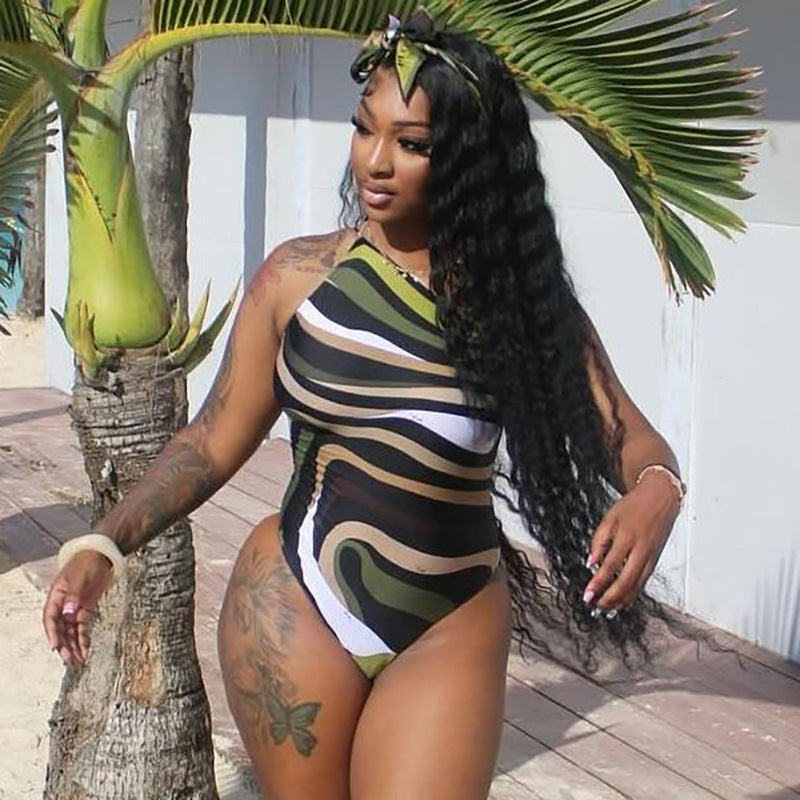 Maillot de bain dos nu sans manches à lacets et impression numérique pour femme