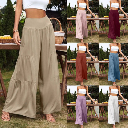 Summer Women Casual High Waist Cotton Linen Wide Leg Pants