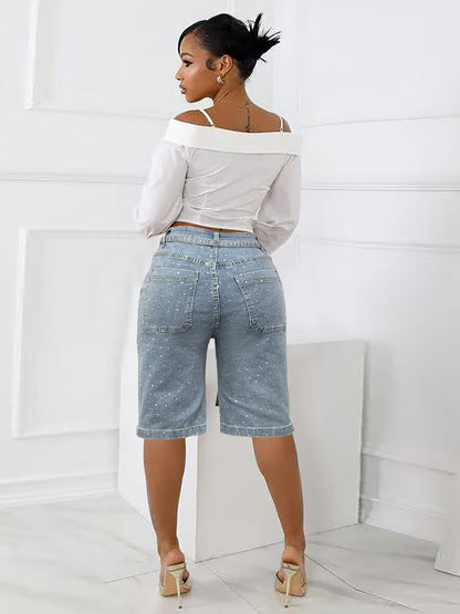 Women Fashion Casual Rhinestone Loose Denim Shorts