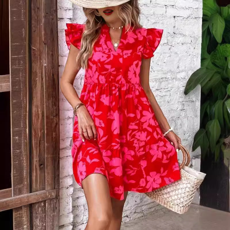 Vestido informal con volantes y flores para mujer, estilo bohemio, para vacaciones de verano