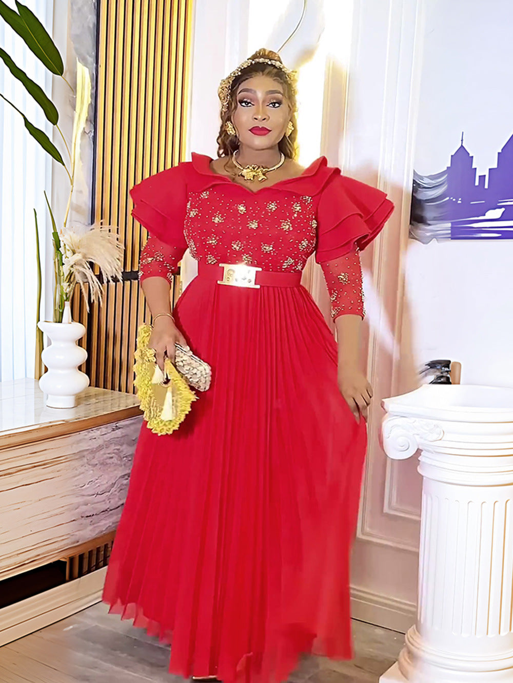 African Women Plus Size Elegant Ruffled Dress