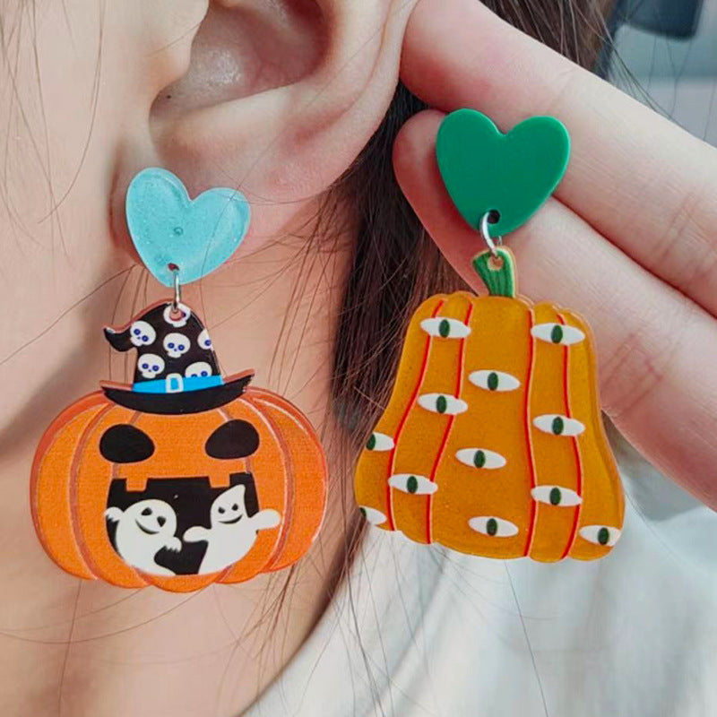 Boucles d'oreilles citrouille fantôme en acrylique pour femme, motif dessin animé d'Halloween