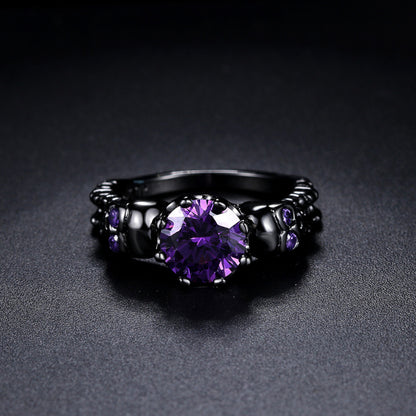 Anillo unisex de calavera de cobre con circonita morada para Halloween