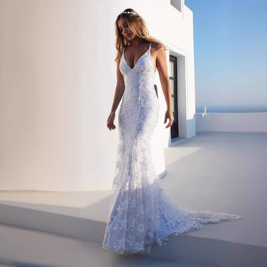 Women Fashion Sexy Solid Color Lace V Neck Backless Dress