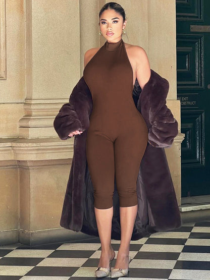 Women Fashion Sexy Solid Color Sleeveless Backless Slim Fit Jumpsuit