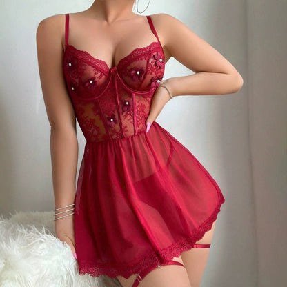 Women Fashion Sexy Floral Lace Perspective Pajama Set Polyester Style