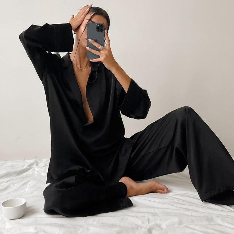 Women's Long-Sleeved Solid Satin Two-Piece Pajamas