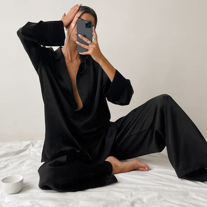 Women's Long-Sleeved Solid Satin Two-Piece Pajamas