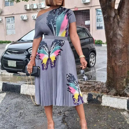 Women Fashion Plus Size Butterfly Print Top & Skirt Set