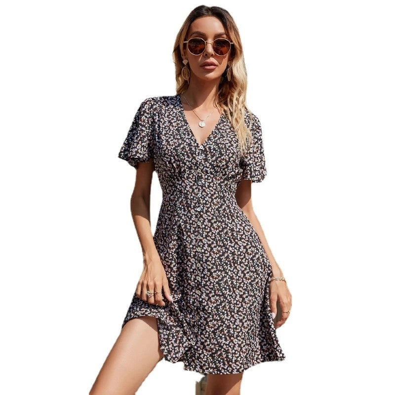 Vestido bohemio vintage con estampado floral y cuello en V con volantes para mujer