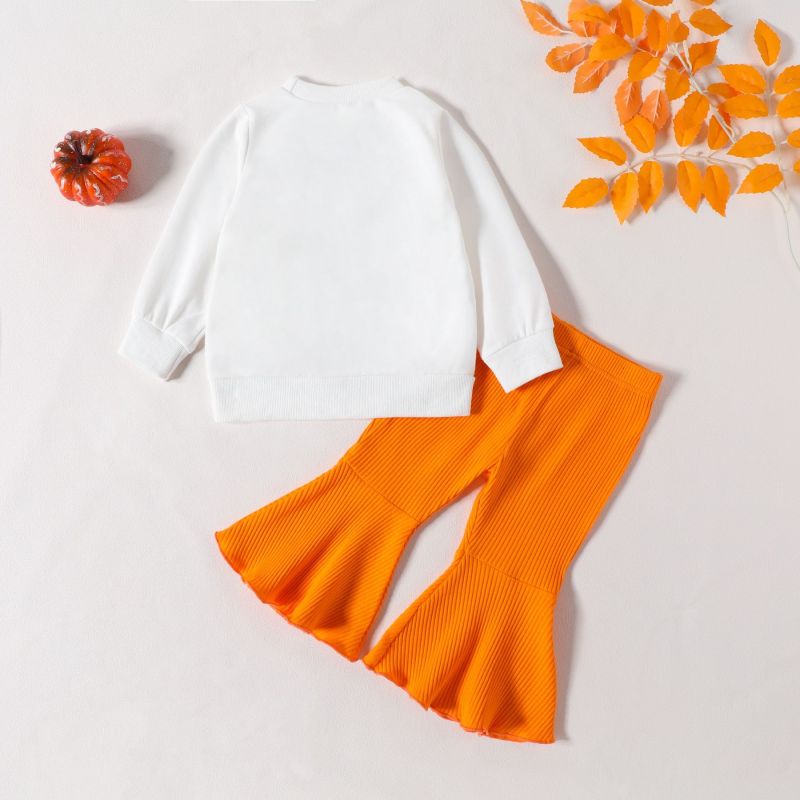 Conjunto de top y pantalón de manga larga con estampado de calabaza informal para niña pequeña