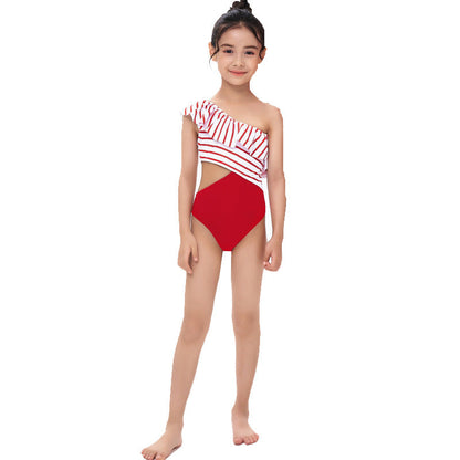 Maillot de bain une pièce imprimé mignon à volants et épaules inclinées pour filles