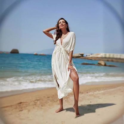 Women Fashion Sexy Cotton Solid Color Backless Swimsuit Cover-Up