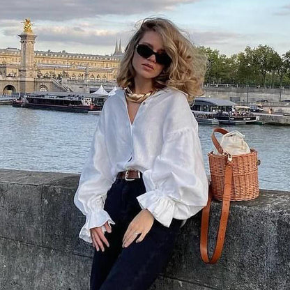 Blusa informal de manga farol con solapa para mujer